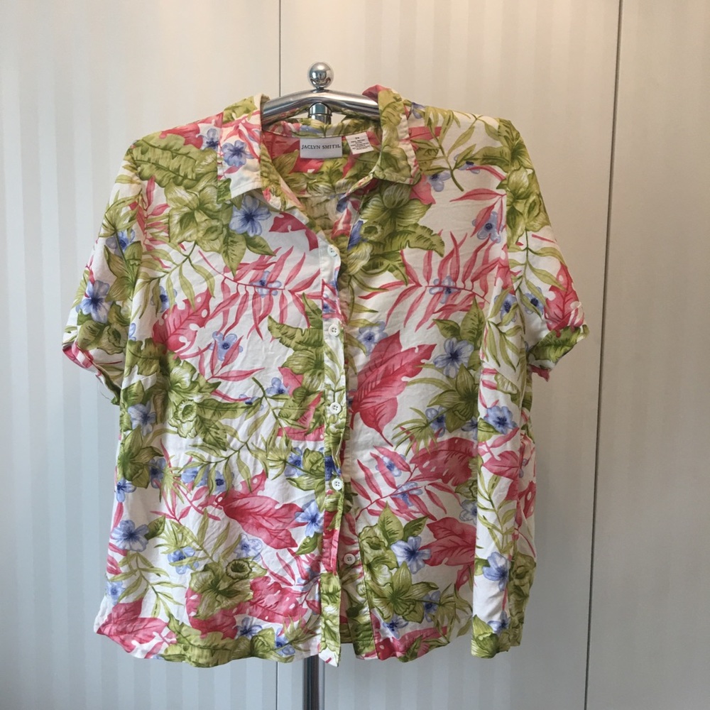 Jaclyn Smith white with pink/green Hawaiian flowered collar blouse Size 2X